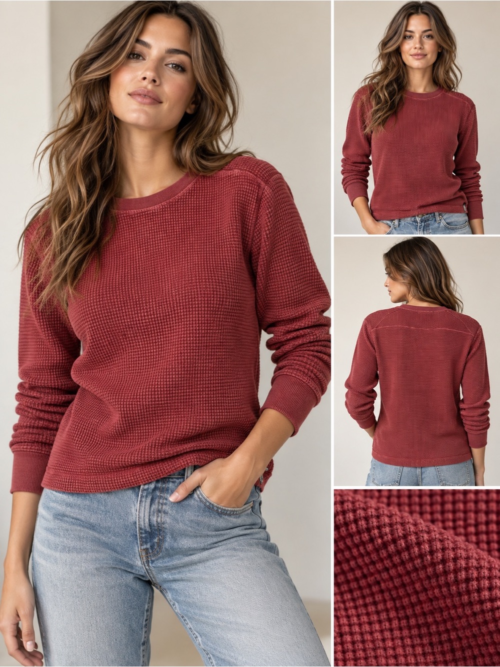 American Giant Women’s S Burgundy Waffle Knit Thermal Crewneck Made USA